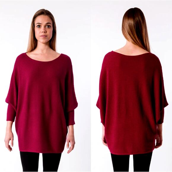 Neiman Marcus Cashmere Ribbed Sweater Sz XL Longline Burgundy Batwing Boat Neck - Picture 2 of 7